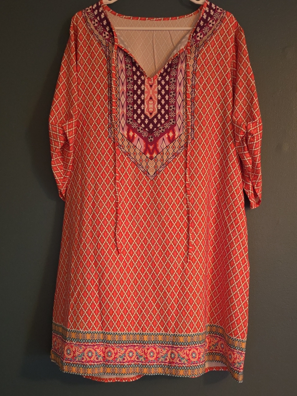 Women's Orange Geometric Dress with Purple Accent